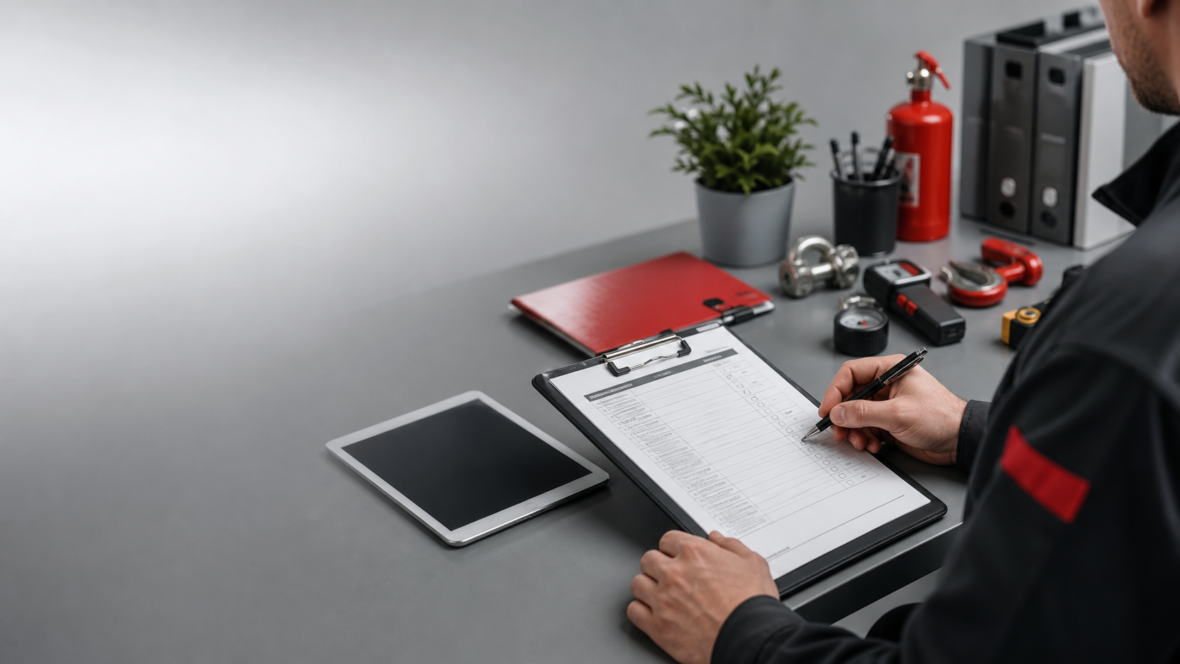 Technische Fachkraft füllt eine strukturierte Checkliste auf Klemmbrett und Tablet aus